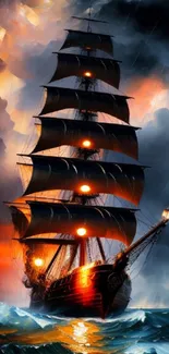 Majestic ship sailing on stormy seas with dramatic lighting.