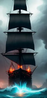 Majestic ship sails on stormy seas beneath dark clouds.