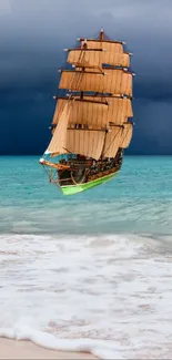 Majestic ship sailing on turquoise seas under a stormy sky.