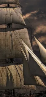 A majestic sailing ship against a dramatic, cloudy sky, capturing nautical elegance.