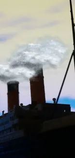 Silhouette of a ship with smokestacks under a light blue cloudy sky.