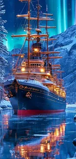 A majestic ship illuminated by the aurora borealis on a frozen river.
