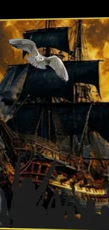 A majestic ship sails under a glowing full moon with a bird flying above.