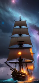 Majestic ship sailing under a galaxy-filled night sky with vibrant colors.