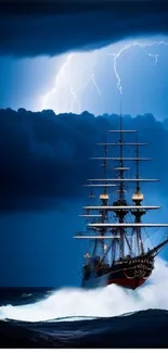 Majestic ship sailing under stormy sky with lightning.