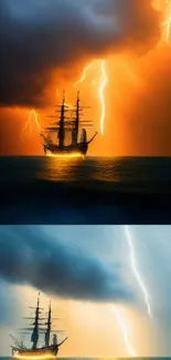 Majestic ship sailing under dramatic lightning and vibrant sky.