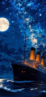A majestic ship sails under a starry moonlit sky on the open ocean.