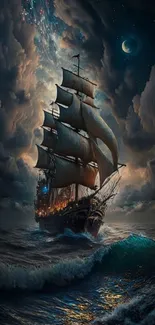 Majestic ship sails through stormy seas under a starry night sky.