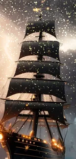 Tall ship sails under a starlit sky on a stormy night.