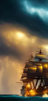 A majestic ship sails under stormy lightning-filled skies.