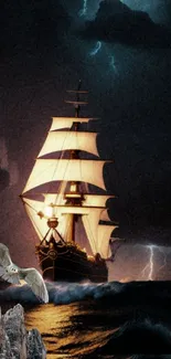 Majestic ship navigating stormy seas with lightning and a seagull.