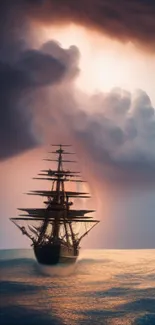 Majestic ship sailing under dramatic storm clouds and serene ocean waves.