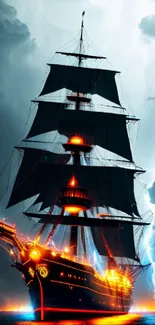 Majestic ship sails through stormy seas under lightning-filled skies.