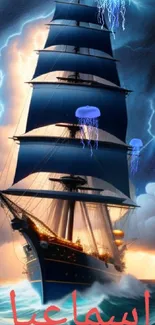 Majestic navy blue ship sailing in a stormy sea.