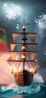 Majestic ship sailing under vibrant fireworks at night, creating a stunning visual.