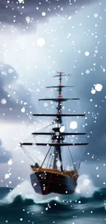 Majestic ship braves stormy seas with snowflakes in the air; blue and dramatic scenery.