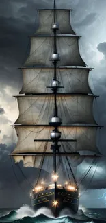 Majestic ship sailing under stormy skies with dramatic waves and lightning in the background.