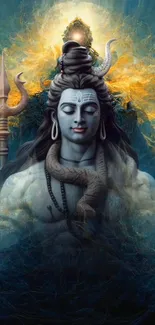 Shiva meditating with trident and cosmic aura.