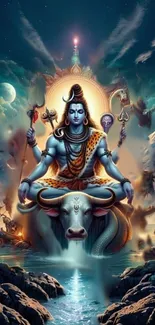 Majestic image of Lord Shiva seated on Nandi with a mystical background.