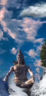 Majestic Shiva statue amidst vibrant sky and nature.