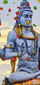 Stunning statue of Lord Shiva with sunrise background.