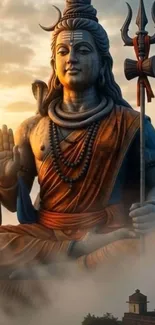 Majestic Shiva statue amidst clouds at sunset