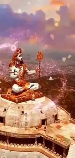 Lord Shiva meditating at temple during sunset.