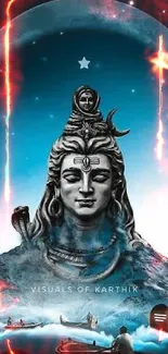 Majestic Shiva statue under a serene moonlit sky with blue ambiance.