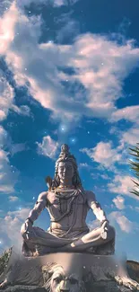 Majestic Shiva statue under a cloudy sky, serene mobile wallpaper.