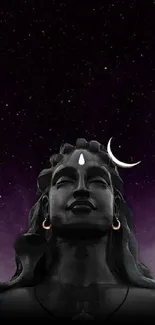 Shiva statue with a crescent moon against a starry sky.