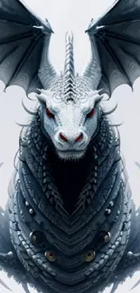 Majestic silver dragon with detailed scales and red eyes on a gray background.