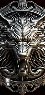 Intricate silver wolf emblem on dark background.