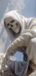 Hooded skeletal figure in mystical robes against a light backdrop.