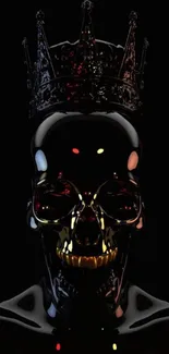 Dark skull with glossy finish and crown on black background.