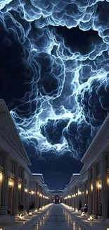 Majestic stormy sky above ancient columns, creating a dramatic visual.
