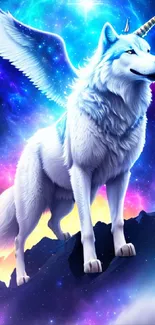 A majestic unicorn wolf with wings stands tall against a vibrant cosmic background.