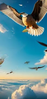 Birds soaring in a vibrant sky with clouds.