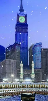 Majestic city skyline with iconic tower and gentle snowfall.