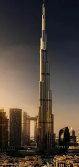 Skyscraper tower at dusk with cityscape in warm lighting.