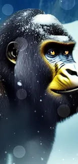 Gorilla in snow with mountains in the background, digital art wallpaper.