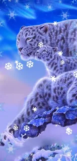 Majestic snow leopard with snowflakes and a blue sky background.