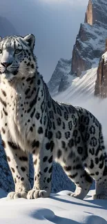 Snow leopard standing on snowy mountains with a majestic backdrop.