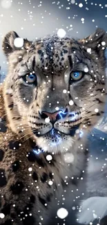 Snow leopard with blue eyes against a snowy mountain backdrop.