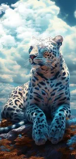 Majestic snow leopard with a scenic blue sky background, perfect for mobile wallpaper.