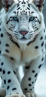 Snow leopard with blue eyes in a snowy background