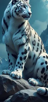 A snow leopard on rocks with mountains and moon in the background.