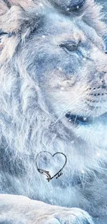 Regal snow-covered lion in serene blue hues.