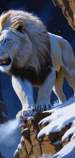 Majestic white lion on snowy mountain ledge