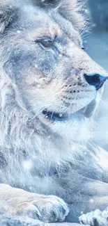 A majestic lion rests in a snowy landscape with icy blue tones.