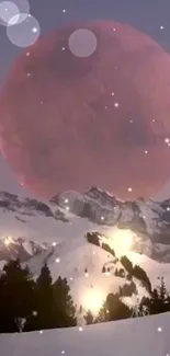 Snowy mountain with a large pink moon in the sky, glowing evening scene.